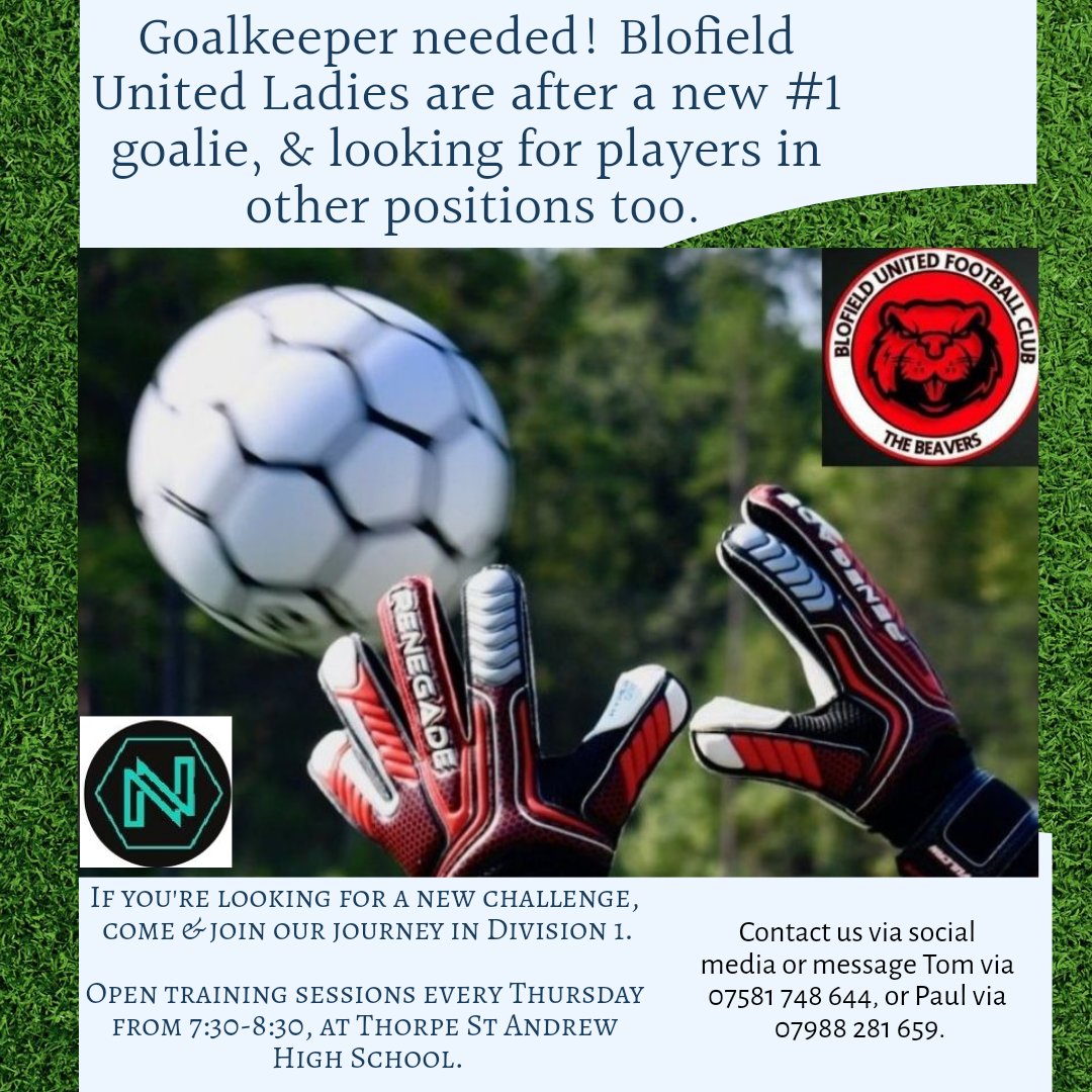 Open training sessions continue this Thursday. If you're a goalkeeper or know a keeper who wants a new challenge, please get in touch. Likewise, players in any position are welcome too. We've a talented, friendly squad & are welcoming to all newcomers, so come & give us a try.