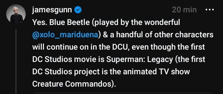 batcavebr's tweet photo. "Sim. Besouro Azul(interpretado pelo maravilhoso Xolo) e um punhado de outros personagens continuarão no DCU, mesmo que o primeiro filme do DC Studios seja Superman: Legacy (o primeiro projeto do DC Studios é o programa de TV animado Creature Commandos)." https://t.co/01XAbyxjSJ