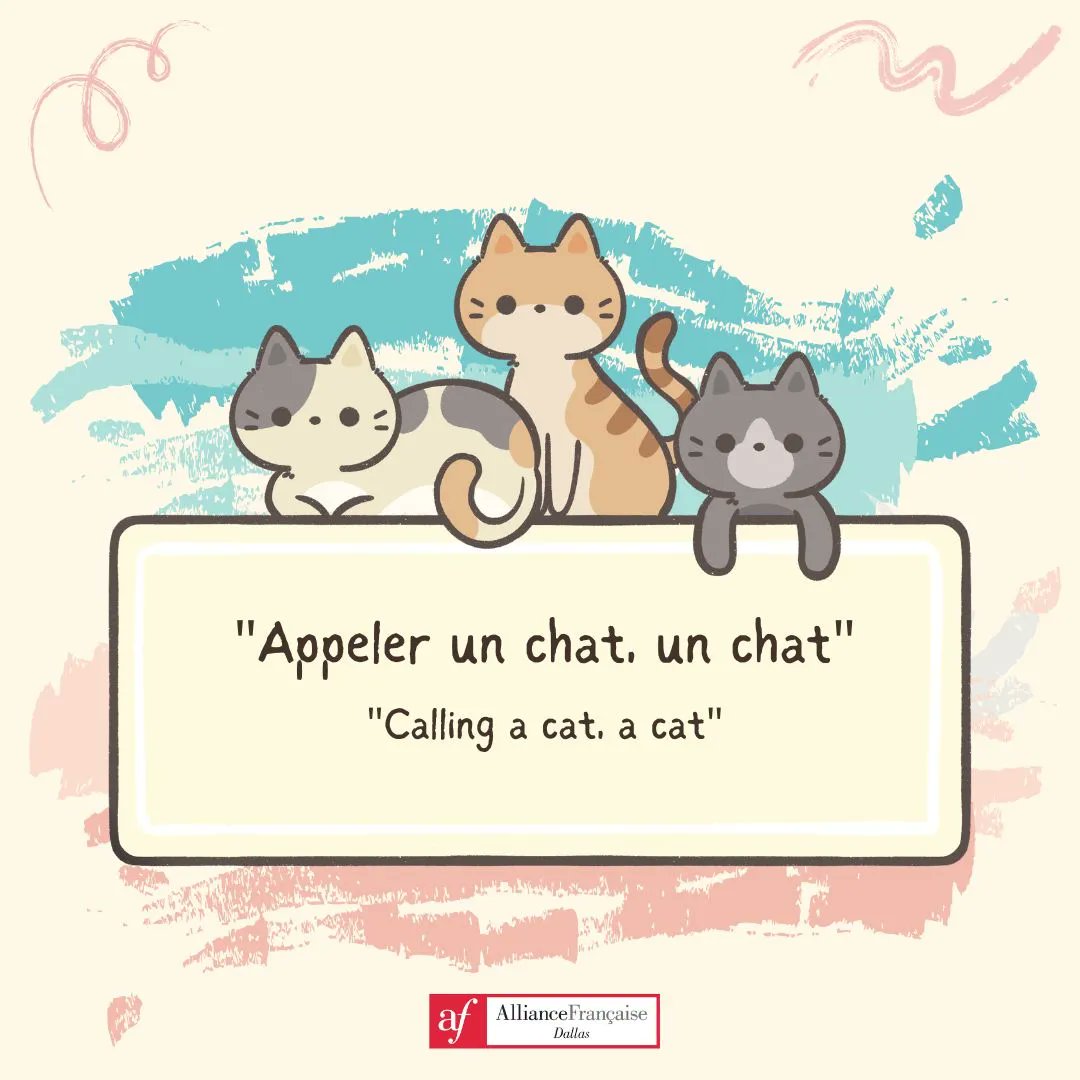 AllianceDallas's tweet photo. [TODAY WE LEARN] The expression "appeler un chat, un chat" describes the action of calling things by their name, expressing oneself with complete honesty without using euphemisms or circumlocutions. 

#afdallas #expressionidomatique #learnfrench #frenchexpression #cats https://t.co/R0eIYBAruz