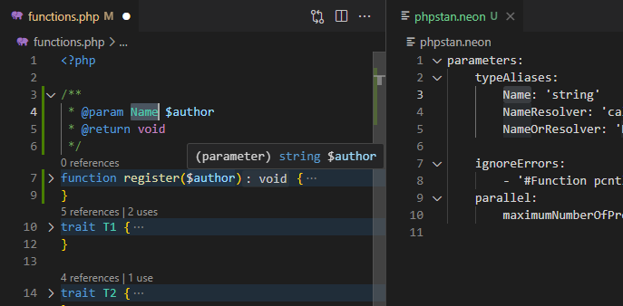 php4vs's tweet image. 👀 You can install PreRelease v1.36.13477, #PHP extension for #VSCode.

There are a few code diagnostics fixed, and improved support for @phpstan global aliases, seamlessly parsing #phpstan&apos;s #nette #neon configuration files.