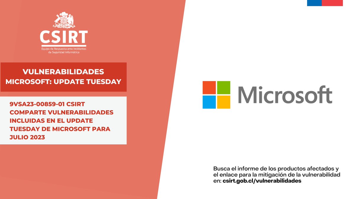 ANCIChile's tweet photo. ¡A parchar! 🩹 CSIRT comparte información de #vulnerabilidades incluidas en el #UpdateTuesday de #Microsoft para julio 2023. Detalles aquí: https://t.co/ekiWOeChQp #CSIRTGob #vulnerabilidades @SubseInterior https://t.co/3CbsXlMKUl