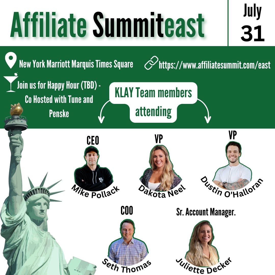 KlayMedia's tweet photo. We are so excited to attend the Affiliate Summiteast Conference on July 31st in New York City! Mike Pollack, our CEO, will be attending along with Dakota Neel, Dustin O'Halloran, Seth Thomas and Juliette Decker. We hope to see you there!

#KlayMedia
#AffiliateSummiteast
#ASE https://t.co/tBdX1OwufS