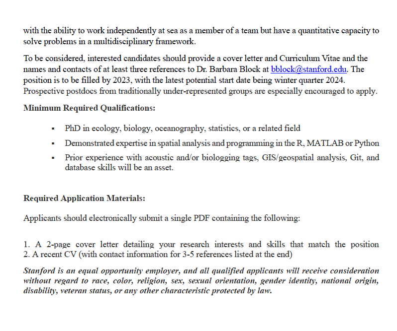 🚨Postdoc opportunity!!🚨 Come and work with us in the Block lab <a href="/HopkinsMarine/">Hopkins Marine Station Stanford University</a> <a href="/Stanford/">Stanford University</a> 

We're looking for someone to join our white shark team. The position will primarily focus on the analyses of telemetry data, with a strong field component🦈🦈