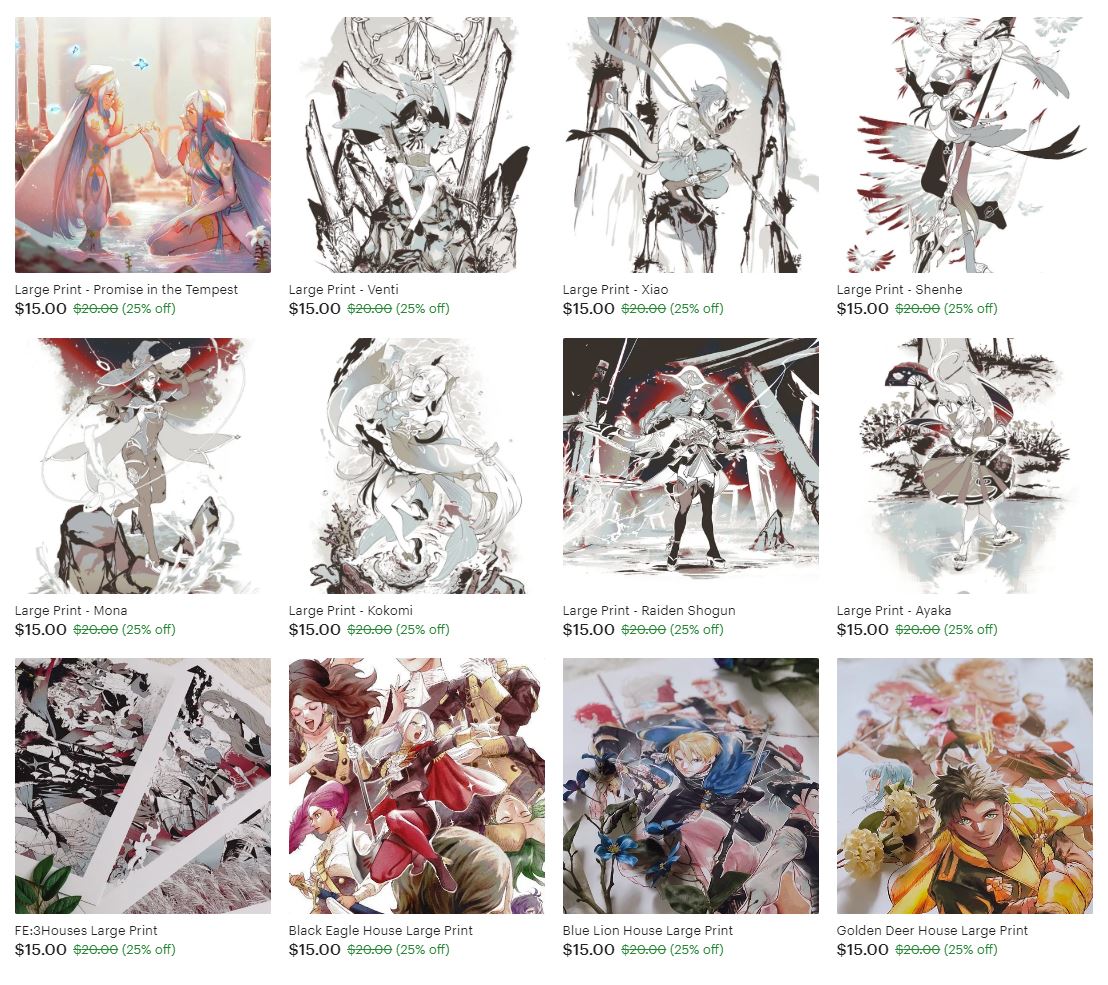 Heads up! I'm discontinuing all of FE3H + Genshin prints! I'm no longer restocking them so this will be the last chance to grab any of these. I'm also holding a sale so please use this chance if you've been wanting any of these prints!