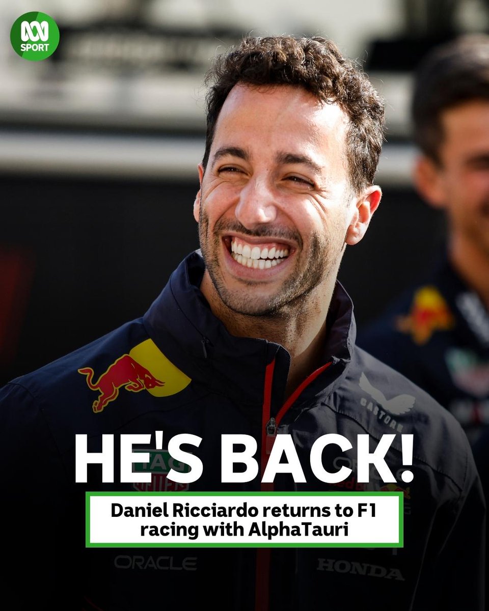 abcsport's tweet photo. 🏎 Daniel Ricciardo is back on the grid!

He'll make his return to Formula One racing at the Hungarian Grand Prix, driving for AlphaTauri for the rest of the 2023 season.

Read more: https://t.co/HpNtnPSxvF
#F1 https://t.co/lG4GdNL7ar
