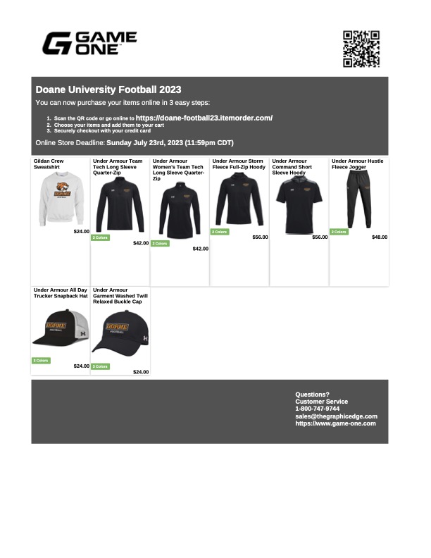 🚨Doane Football fans, friends, and family🚨
Our WebStore is officially live! Check out all the great new Doane Football gear.
doane-football23.itemorder.com