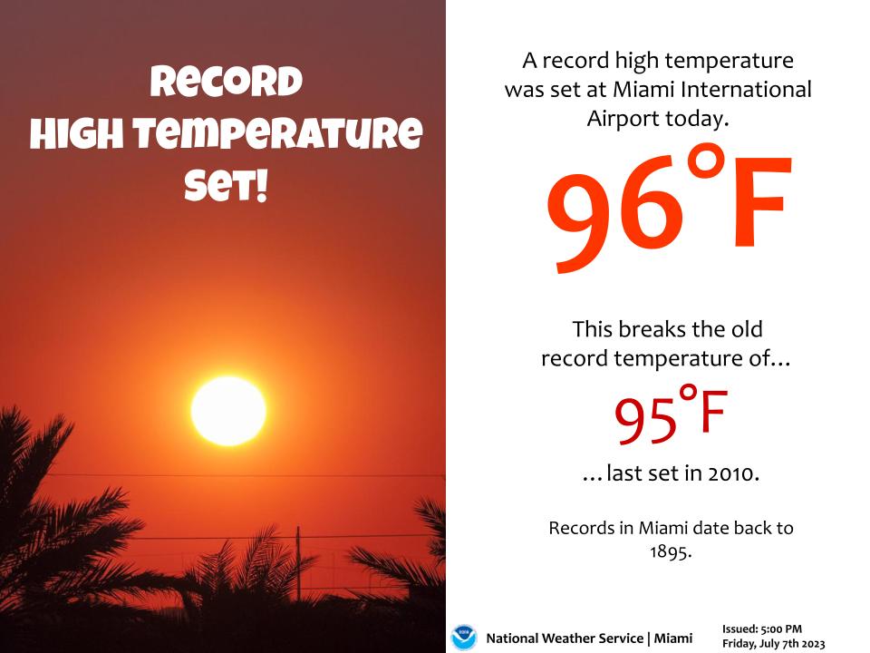 NWSMiami's tweet photo. 7/11 - 🚨Another day, another record set at Miami! The temperatures at Miami International Airport reached 96F this afternoon, breaking the previous record of 95F last set in 2010. 

Conditions will remain very hot tonight and tomorrow, so stay hydrated and keep cool! #FLwx https://t.co/7rIs62pYtL