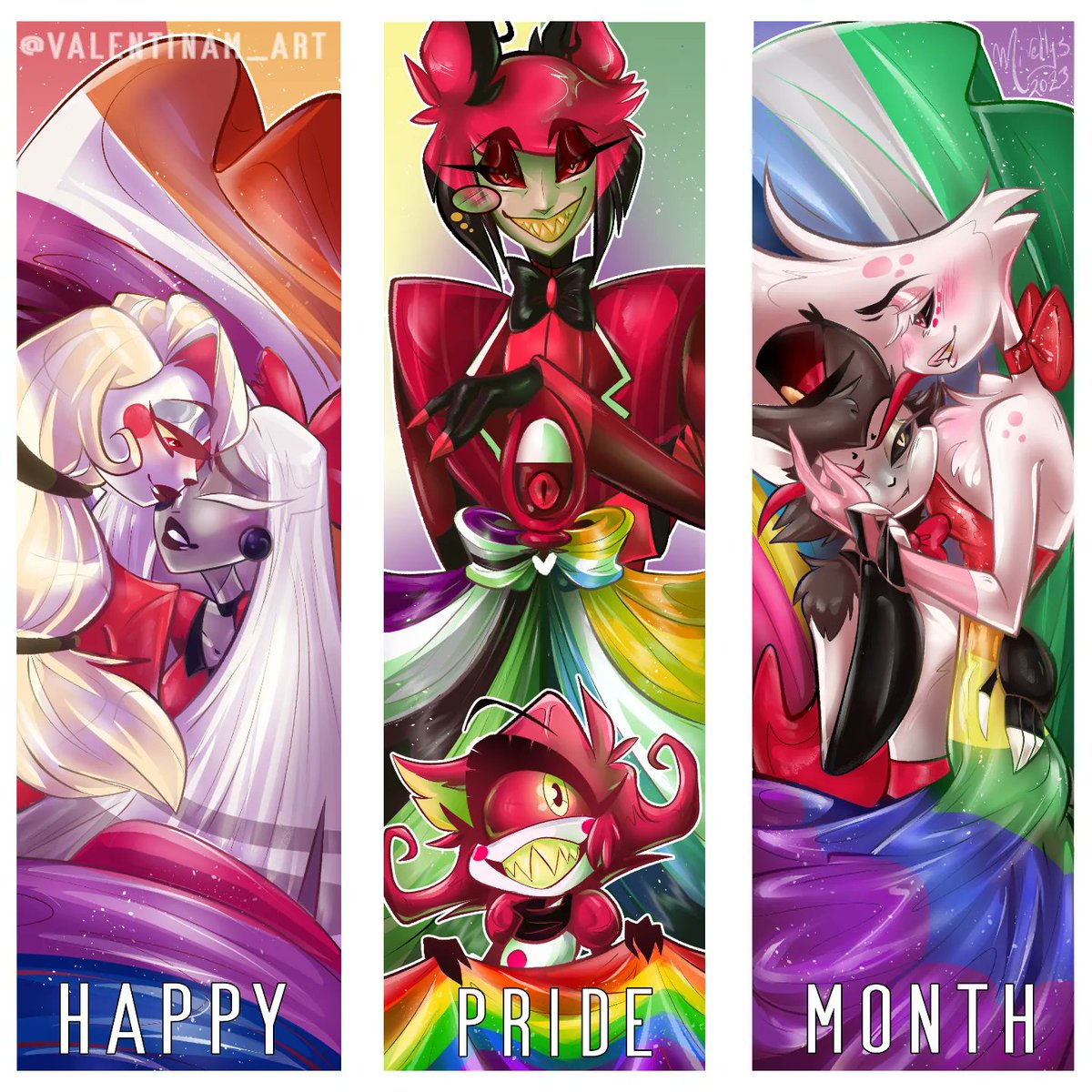 is never too late to be proud!

I wanted to put some extra efford on this drawing to make something good ✨️💗

#HazbinHotelFanart #HazbinHotel #lgbt #lgbtq #niffty #alastor #angeldust #charlie #vaggie #husk #huskerdust #chaggie #happypridemonth
 #happypride