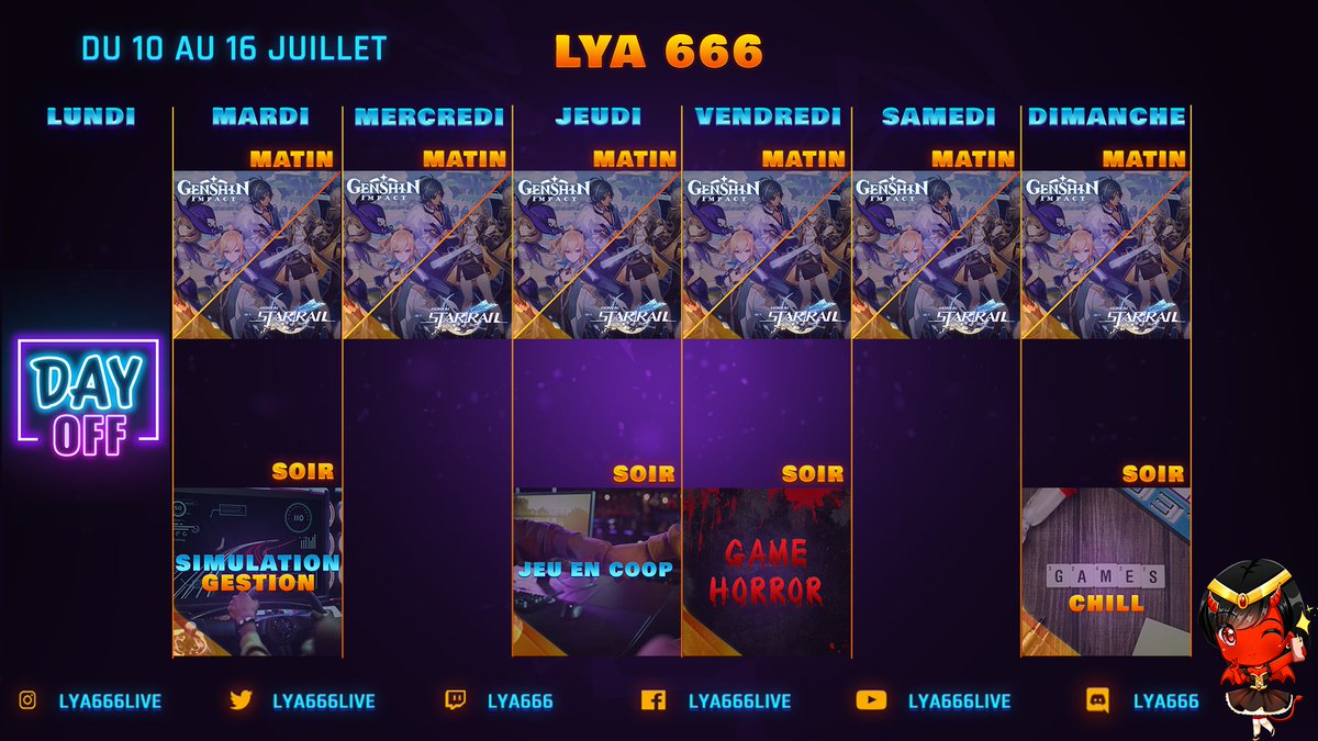Coucou tout le monde, petit planning de la semaine et n'hésitez pas à vous tenir informé sur le discord ou sur les RS je le note en cas de changement 😃