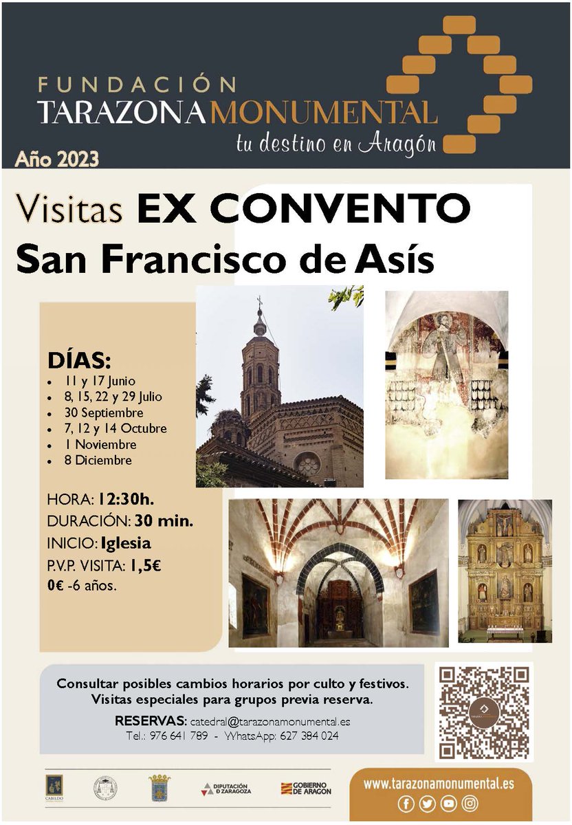 📣 Durante este mes de julio, el #antiguoconvento San Francisco de Asís te espera en #Tarazona.

📅 Los próximos días 15, 22 y 29 descubre las maravillas ocultas de esta iglesia edificada en el s. XIII.

+info en 📧 catedral@tarazonamonumental.com o en el 📞976.642.643.