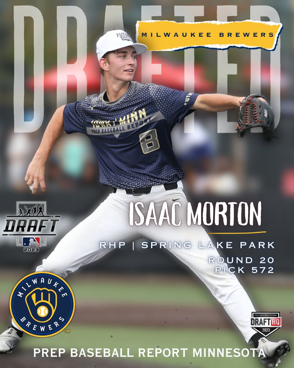 𝟐𝟎𝟐𝟑 𝐌𝐋𝐁 𝐃𝐑𝐀𝐅𝐓 RHP Isaac Morton (Spring Lake Park, 2022) has been selected by the Milwaukee Brewers with the 572nd overall pick in the #MLBDraft. + PBR MN's 3rd ranked (2023) + ProCase (2022, 2023) + Future Games (2020, 2021) 👤PROFILE: loom.ly/u2agbsY