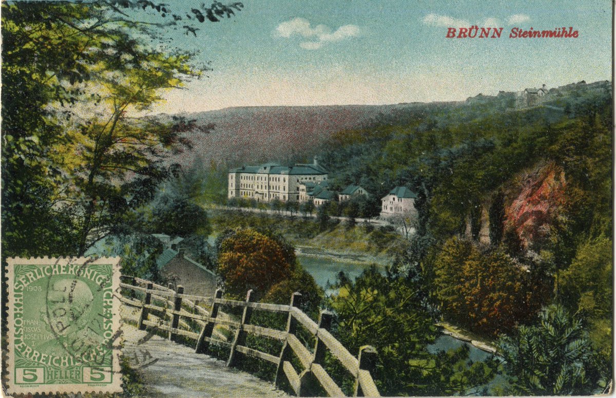 'Brünn, Steinmühle' (Brno, Czech Republic), posted 12 July 1913 to Italy, with a 'Jolly Joker' inkstamp on the reverse (JJ was a US-based postcard exchange society). A pretty view with a stamp of Emperor Franz Joseph. Surely nothing would ever happen to disturb such tranquility.