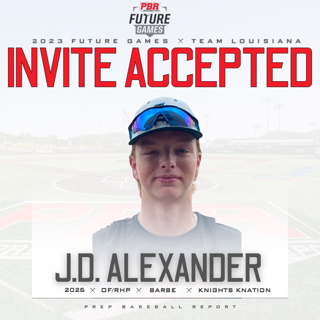 PrepBaseballLA's tweet photo. ❗️𝐅𝐮𝐭𝐮𝐫𝐞 𝐆𝐚𝐦𝐞𝐬 𝐈𝐧𝐯𝐢𝐭𝐞 𝐀𝐜𝐜𝐞𝐩𝐭𝐞𝐝❗️

2026 J.D. Alexander (Barbe HS) is heading to Lakepoint this summer for the 2023 PBR Future Games!  Alexander is our top ranked ‘26 in the state.  #BeSeen #BootBoys #PBRFG23

@prepbaseball

👤 https://t.co/XzTbL15xmf https://t.co/GRh8yDJxx7