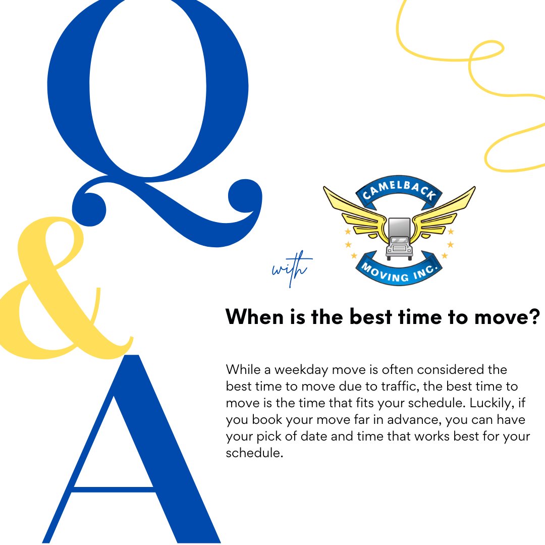 CamelbackMoving's tweet image. When planning a move, determining the time to move is one of the first steps. Is there a time better than any other? It is a frequently asked question -- that really only you can answer. #CamelbackMoving #MovingFAQ