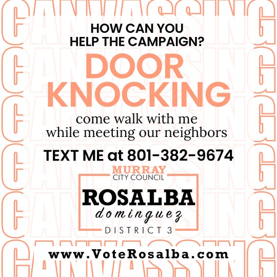 RepRosalba's tweet photo. Looking for a way to get involved in your local Murray community and support #thecandidatethatlistens? Join me for canvassing! See you there 😊

#murrayutah #district3 #councilwoman #incumbent #reelection #canvassing #rosalba https://t.co/lplPcy2XRb