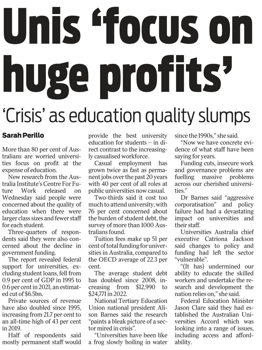 The NTEU commissioned this important <a href="/CntrFutureWork/">Centre for Future Work</a> report, out today. It's clear the vast majority of Australians are concerned about unis suffering from corporatisation, insecure work &amp; funding cuts. Sign our pledge to fix higher ed! nteu.au/News_Articles/… <a href="/theheraldsun/">Herald Sun</a>