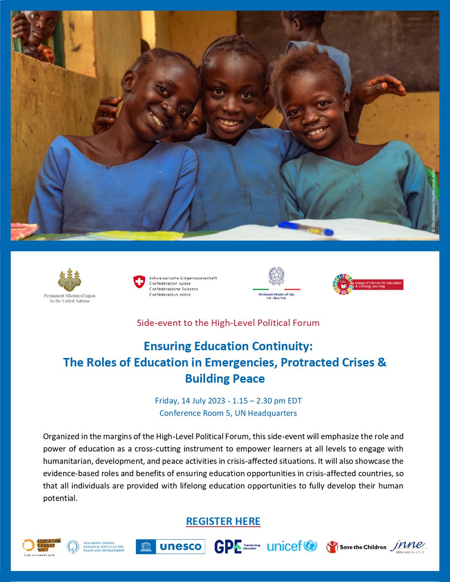 At the @UN for #HLPF2023? Join us on July 14 for an important side-event: “The Roles of Education in Emergencies, Protracted Crises, and Building Peace'

Discover the power of education in crisis situations and its contribution to fostering peace. #EducationInEmergencies
