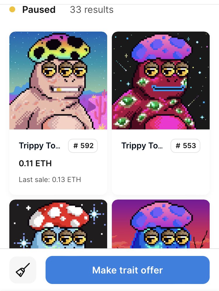 FUN FACT : There’s only 33 Gerald Toadz in the entire <a href="/trippytoadznft/">Jennifer Aniston</a> collection &amp; i own 2 of them. 🍄🐸
3 eyed shroom cap head = Gerald
FP super thin only one for sale !!!
Do you have a Gerald yet? 👁️👁️👁️
@GoodTripNetflix #TrippyToadz