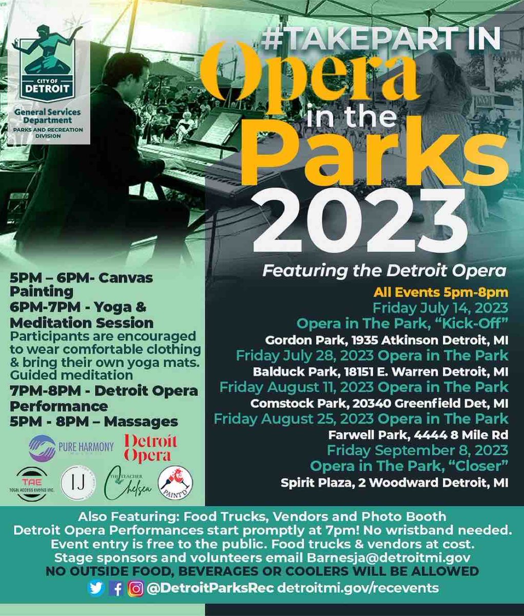 Detroit Opera and Detroit Parks and Recreation bring you Opera in the Parks! Take a look at our new schedule; we will be in a neighborhood park near you! 

#detroit #detroitneighborhoods #detroitparks #opera #operaintheparks #detroitopera