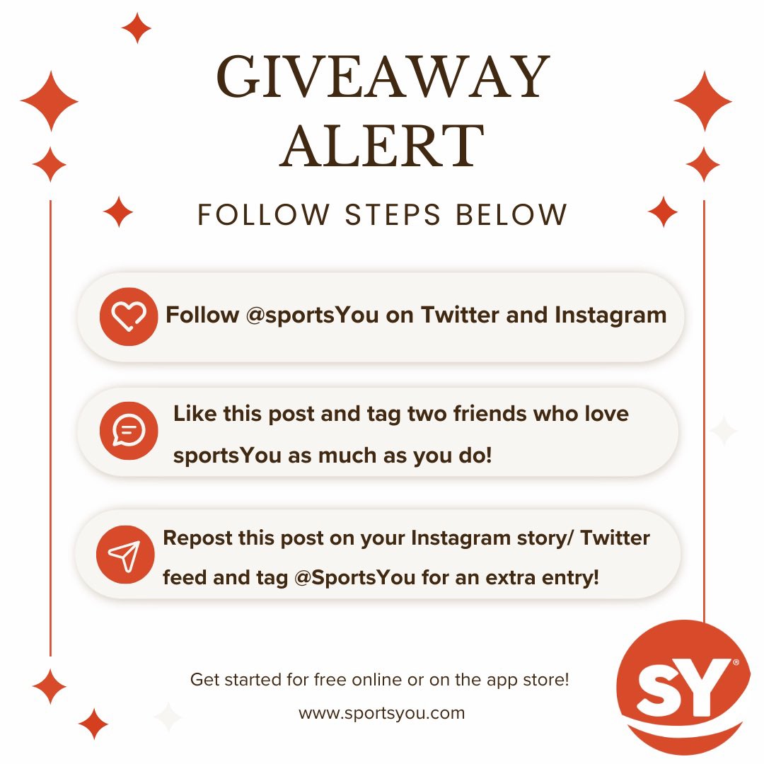 🌟GIVEAWAY ALERT!🌟
Are you ready to win some awesome sportsYou gear? Follow these steps to enter + get a chance to score big🙌
A lucky winner will be announced on <a href="/sportsYou/">sportsYou</a> IG + Twitter. Stay tuned + best of luck 🤞🍀
#Giveaway #sportsYouGiveaway #WinBig #communication