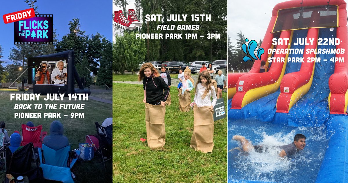 We've got lots of parks events coming up soon! 

Flicks in the Park this Friday, Field Games on Saturday and Operation Splashmob the following week. Always free, and open to everyone. Come out and have fun in Ferndale's parks. 

More details at cityofferndale.org/summer