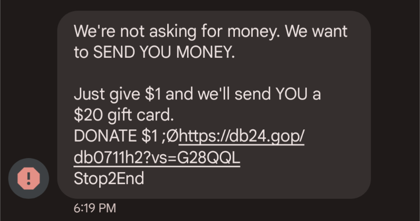 CybrSecNewsByte's tweet photo. Oh how lucky am I.... They just wanted to send me money.... For a dollar for some reason #smishing #scam https://t.co/ATrpzHSZWe
