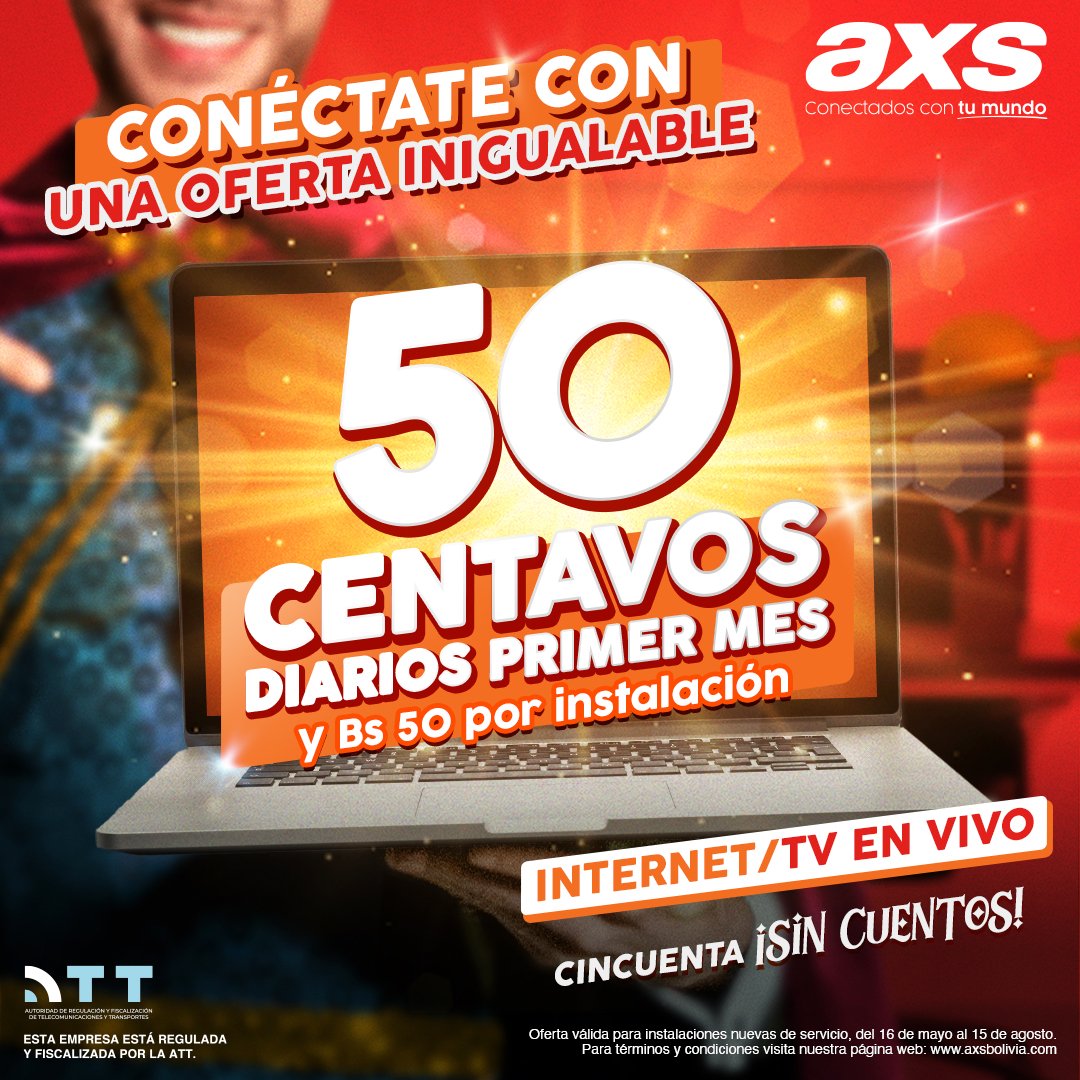 axsbolivia's tweet photo. Parece un cuento de hadas ¡Pero esta oferta es totalmente real!
Pide tu servicio de internet y/o de TV en vivo ¡y conéctate a cincuenta sin cuentos!
✨Primera mensualidad: A solo 0,50 ctvs x día.
✨Instalación: Bs 50.
#ConectadosConTuMundo
#CincuentaSinCuentos
#AXSNet
#AXSPlus https://t.co/VFTVlhfKaM