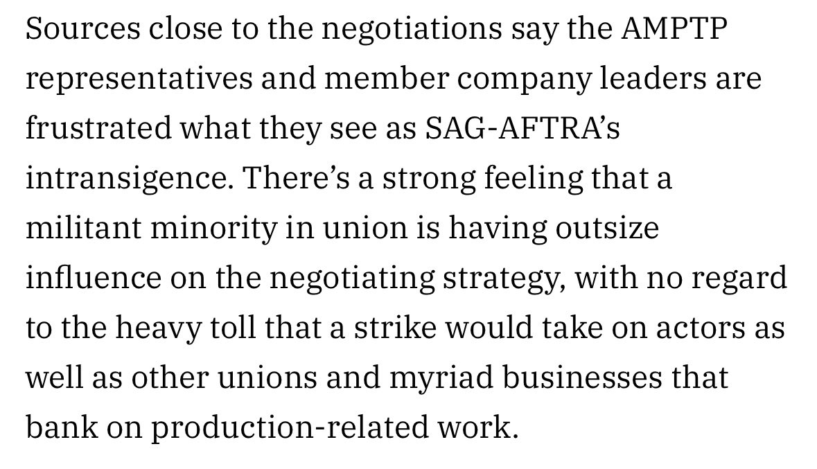 Using “militant minority” when almost 98% of SAG-AFTRA members already voted in favor of the strike is so silly. Be serious.