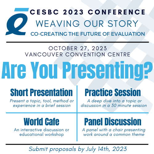 EvaluationBC's tweet photo. We want #presentations that are #different and exciting, and that challenge not only how we do things in #evaluation but also how we talk about them and present them. Are you joining us at the #CESBC annual conference? #eval2023bc @CES_SCE https://t.co/ZuzIa2CEfr