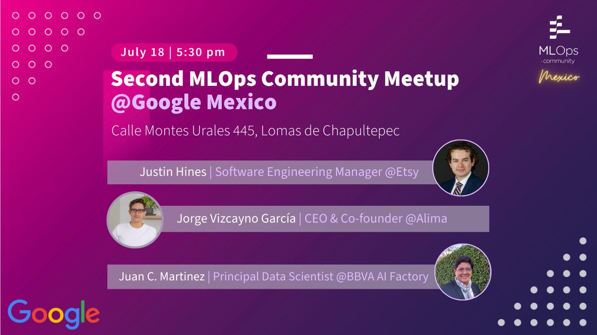 yslenglez's tweet image. 🔥 ¡Estamos a solo una semana del 2do #meetup de MLOps en CDMX! 🔥 

Registro y más información aquí 👉🏼 meetup.com/mexico-city-ml… 

📆 18 de Julio 2023.
⏰ 5:30 pm.
📍 Oficinas de #Google México

CUPO LIMITADO. El registro cierra este viernes a las 2pm.

#MLOps #data #ai #ml