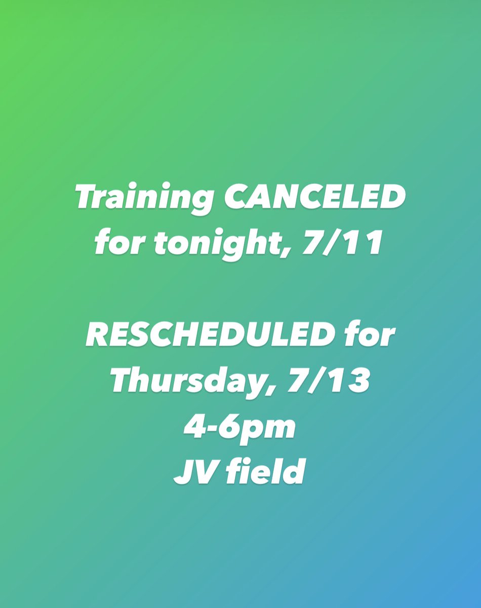 We were just notified that there is a field issue tonight so Training is CANCELED! 
It is rescheduled for Thursday, 7/13, 4-6pm, JV Field