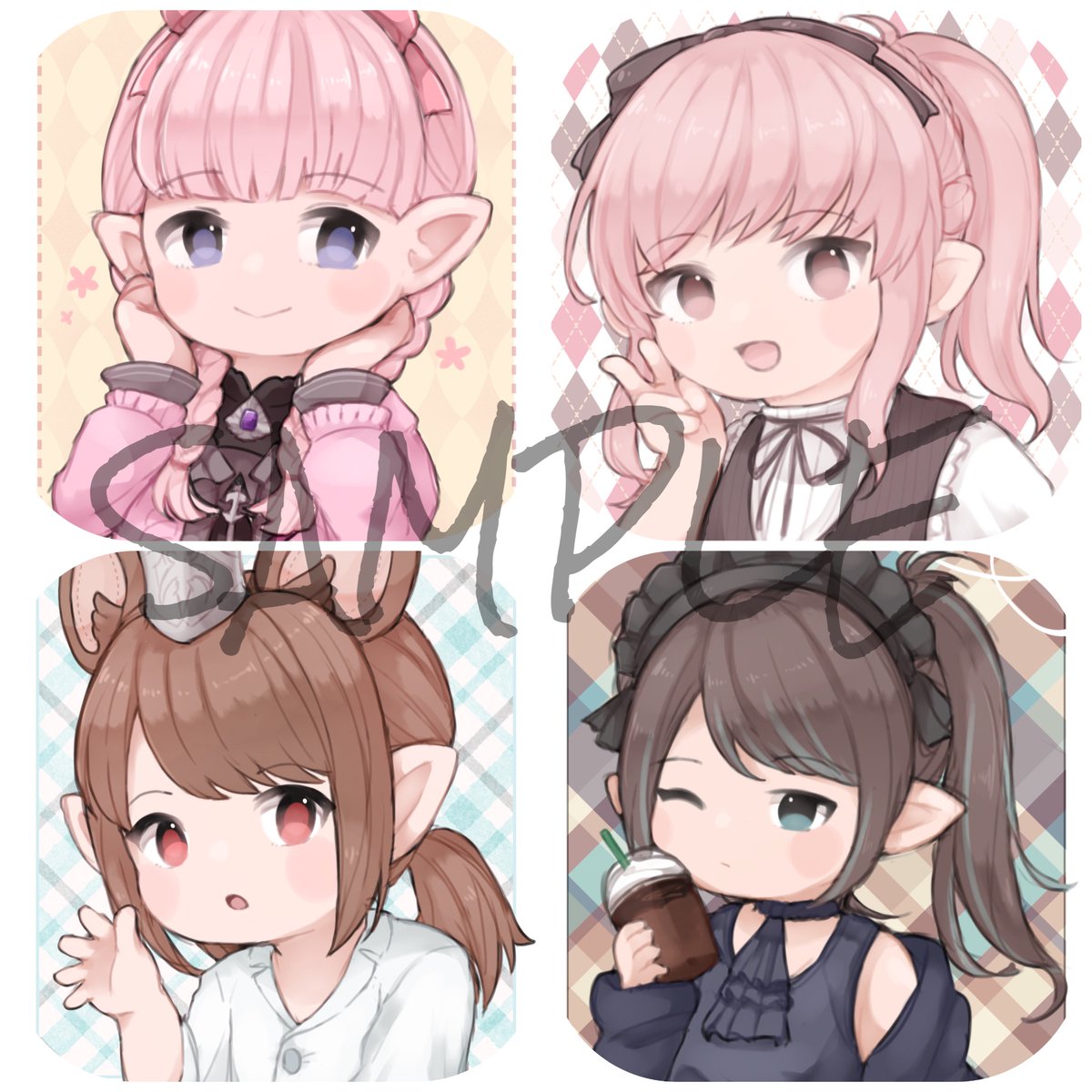 avatar (ff14) lalafell multiple girls pink hair brown hair sample watermark pointy ears twintails  illustration images