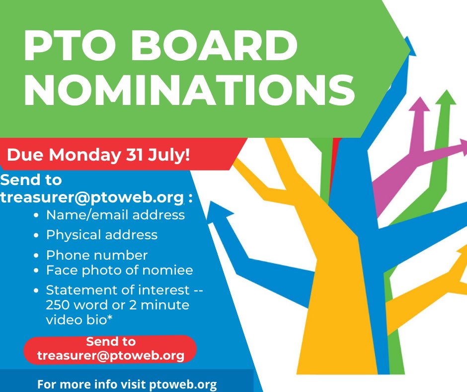 PTO is accepting nominations for the board! Check out ptoweb.org/aboutpto/board… for more information!