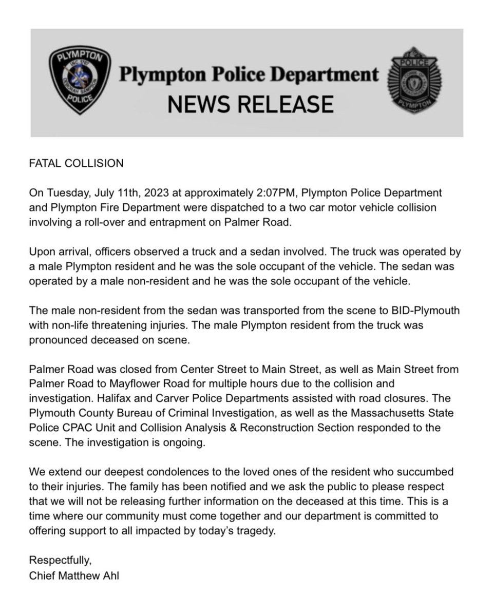 PlymptonPolice's tweet photo. NEWS RELEASE 7/11/23 - FATAL COLLISION https://t.co/JhYWiyAV7J