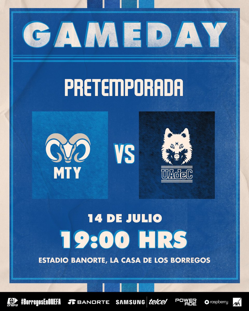 BorregosMty's tweet photo. 🏈WE ARE BACK🏈   

¿Extrañabas la temporada de americano? No te pierdas de nuestro partido de pretemporada⚡  

#BorregosMty 🆚 Lobos UAdC  

🗓Viernes 14 de julio 
⏰19:00 hrs 
📍Estadio Banorte, la Casa de los Borregos  
🎟Entrada libre

#BorregosEnONEFA 
#DefiendeElAzul https://t.co/4Y2GHmPARg