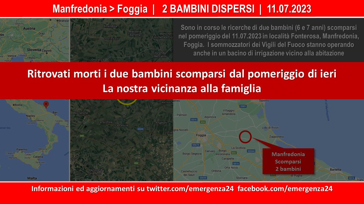Emergenza24Pro's tweet photo. UPDATE [12.07-00:30] #Manfredonia #Foggia 
Trovati morti nella vasca di raccolta dell'acqua i due 2 bambini (fratelli di 6 e 7 anni) #dispersi dal pomeriggio di ieri.
La nostra vicinanza alla famiglia. 
Informazioni e aggiornamenti: https://t.co/KtKuQfGR8E https://t.co/neOYRz0wtr