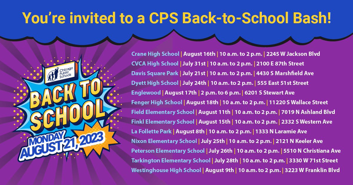 ChiPubSchools's tweet photo. Get ready for the upcoming 2023-2024 school year by joining us at a CPS Back-to-School Bash! Get questions answered about the upcoming school year, connect with local organizations, stock up on school supplies, and so much more. https://t.co/4Ey5FyWTtu https://t.co/T6TMVNnLwQ