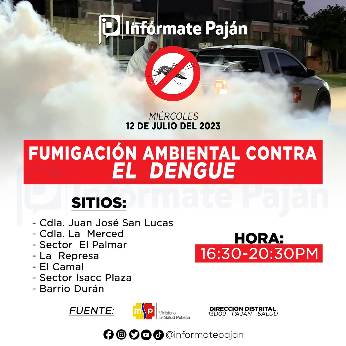 InformatePajan's tweet photo. [SALUD]

El @Salud_Ec a través de la Dirección Distrital 13D09 - Paján - Salud ejecutará una agenda de #FumigaciónAmbiental en la cabecera cantonal y sus zonas periféricas con el objetivo de mitigar la proliferación de vectores.

ronograma👇👇 https://t.co/ukrzzs05S5