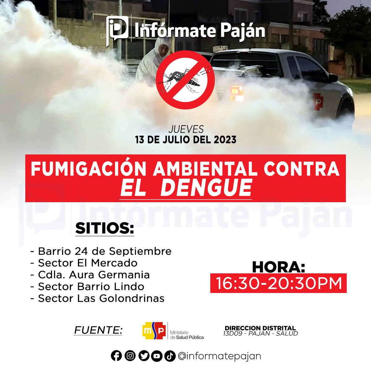 InformatePajan's tweet photo. [SALUD]

El @Salud_Ec a través de la Dirección Distrital 13D09 - Paján - Salud ejecutará una agenda de #FumigaciónAmbiental en la cabecera cantonal y sus zonas periféricas con el objetivo de mitigar la proliferación de vectores.

ronograma👇👇 https://t.co/ukrzzs05S5