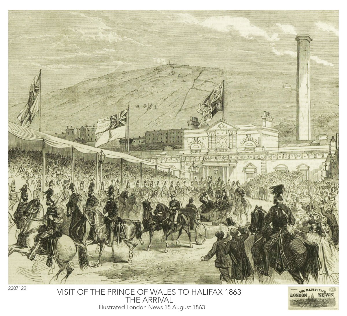 The first of a series of illustrations of the visit of the Prince of Wales to Halifax in August 1863. It shows the Prince leaving Halifax Station. The entrance in those days was on a level with Eureka's car park. It made a spectacular scene with Beacon Hill in the background.