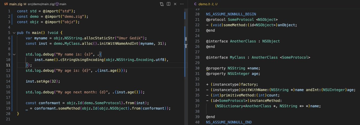 umurgdk's tweet image. Some progress on my #objc binding generator for #zig language. I'm able to generate bindings for protocols, classes and their declared methods. Using objc classes looks really clear on zig side. Next step is support for enums and structs.