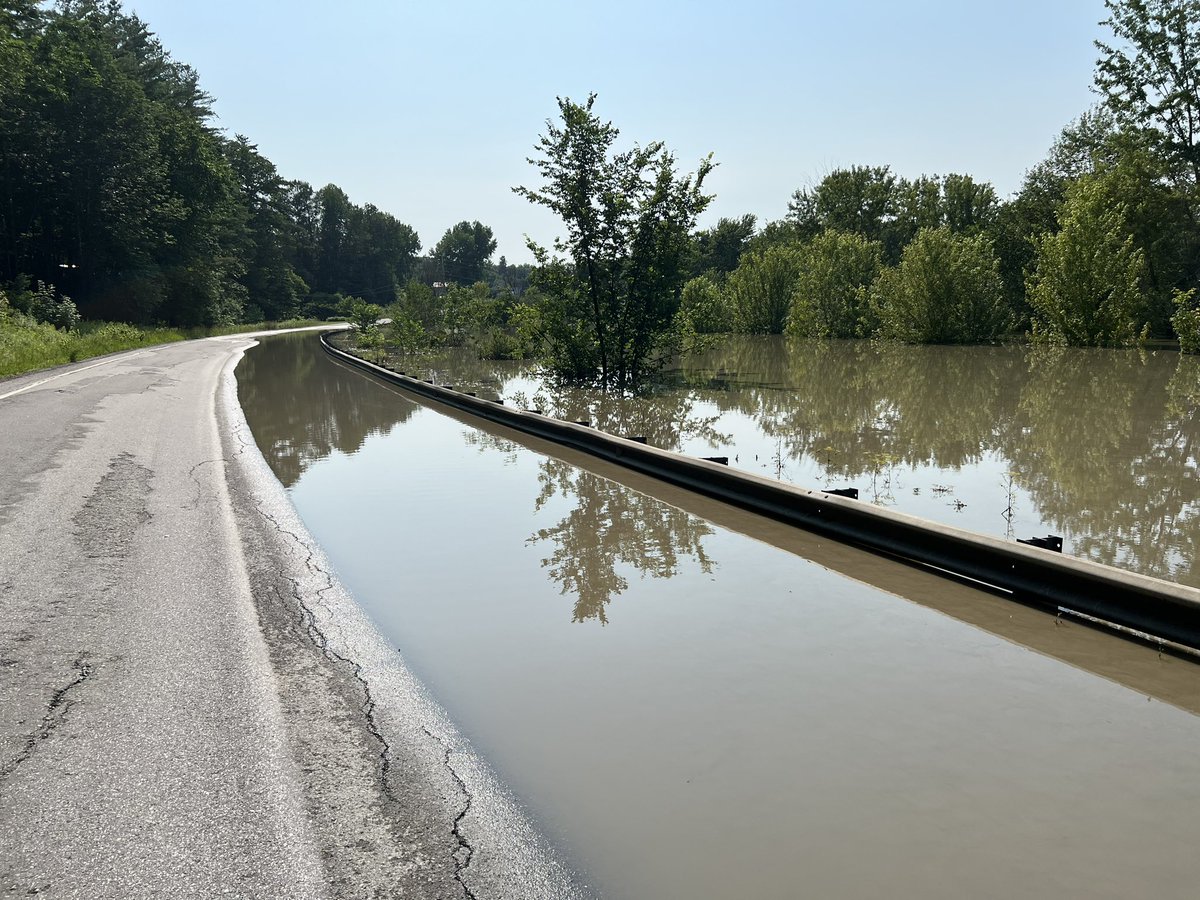 VT15 just down the road from our house is completely under water. #flooding like this is rare, thankfully we live uphill from the river. #VermontFlood #VTflood23 #underwater #StaySafe