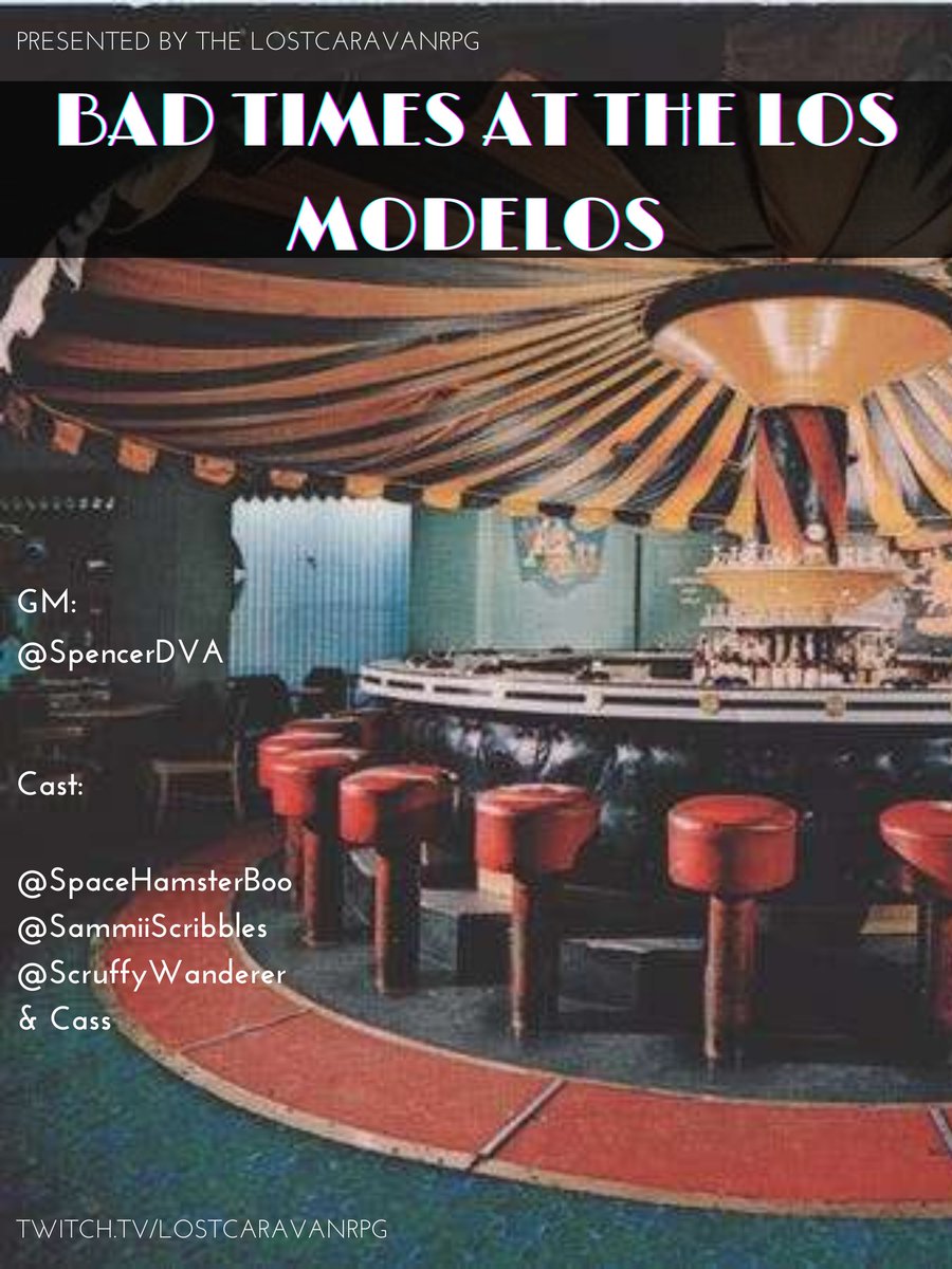 "Four souls walk into a motel, but how many will walk out?"

Join us for some #NoirWorld #ttrpg by <a href="/GuardianGames/">FrostWaffle</a> streaming soon! 

Guest GM: <a href="/SpencerDVA/">Spencer Morgan</a> 
Starring: <a href="/SpaceHamsterBoo/">SpaceHamsterBoo</a> @SammiiScribbles <a href="/scruffywanderer/">Matthew R. Dawson</a> &amp; Yodalmighty