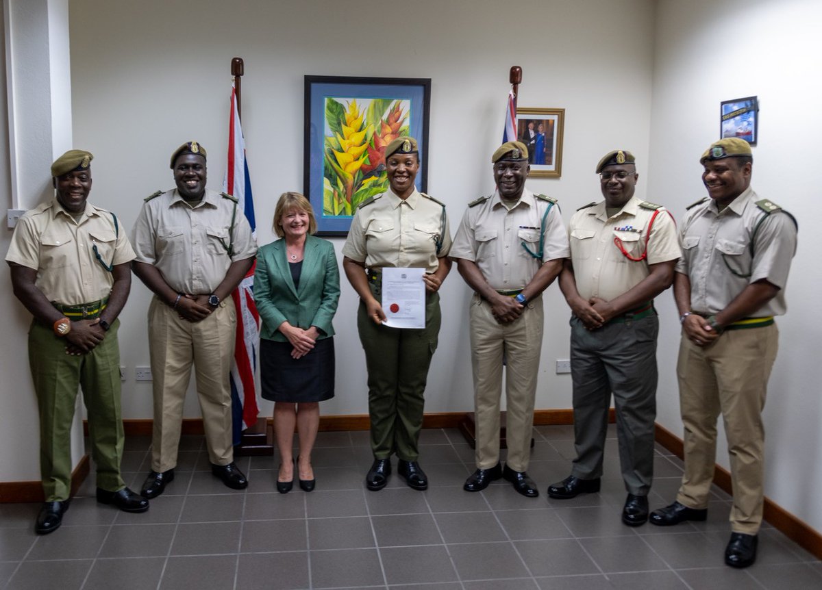 UKinMontserrat's tweet photo. History made on 125th year of Royal Montserrat Defence Force creation! Our warmest congratulations to Ms Carmencita A Duberry, who has today been promoted by the Governor to the rank of 2nd Lieutenant and is the first female officer to serve in the #RMDF #bethechange #Montserrat https://t.co/ixO4HgtHgm