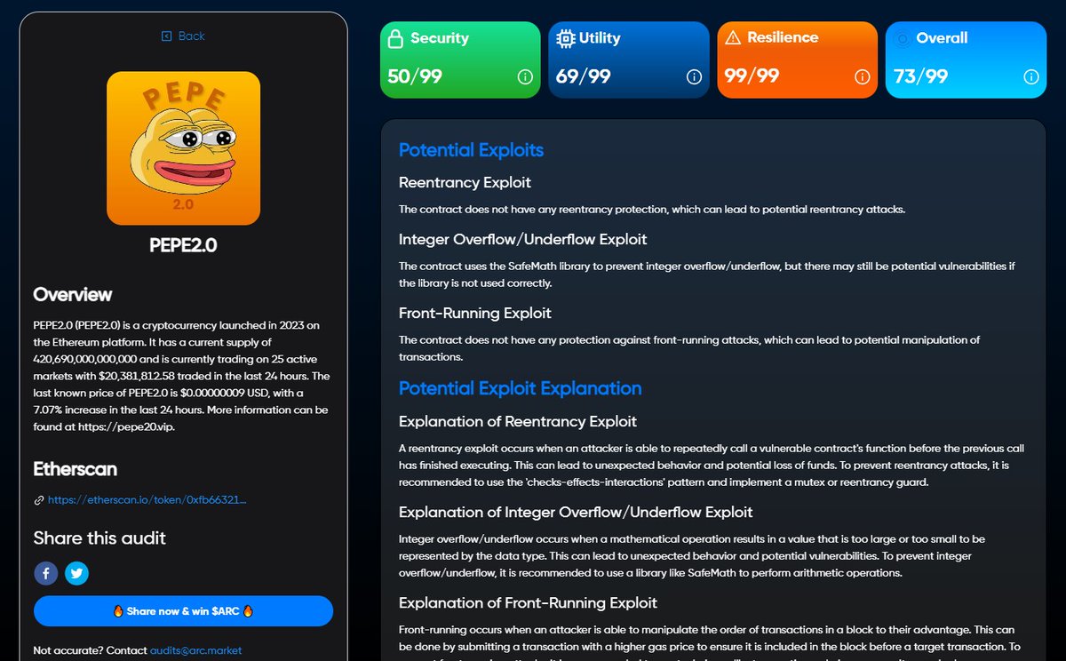 cryptoDspace's tweet image. The score is not self-evident. Here for example for comparison the @DeFi_ARC AI audit for PEPE 2.0: app.arc.market/audit/64abbd86… 😬#PEPE2 #audit #SecuringWeb3 #ARCAudits #crypto