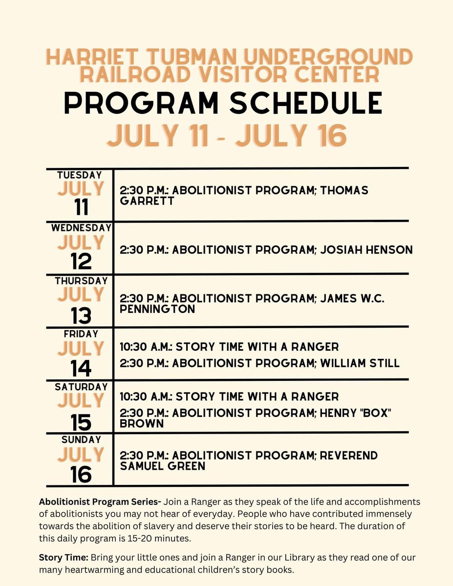 Introducing daily programming at Harriet Tubman Underground Railroad State Park!

Be on the lookout for more programs to come! Program times are subject to change from week to week so please check our weekly schedule on our Parks website: https://t.co/brBUhjRFl2 https://t.co/nz2S1nObnR