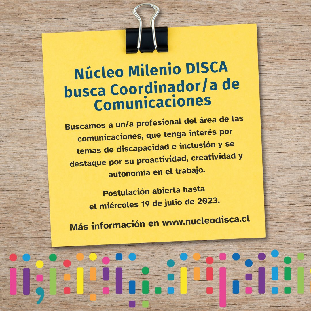📌 En el Núcleo Milenio DISCA estamos buscando a un o una profesional de las comunicaciones para el cargo de Coordinación de Comunicaciones.

📅 Hay plazo para postular hasta el miércoles 19 de julio. Detalles y requisitos en nucleodisca.cl/nucleo-milenio…