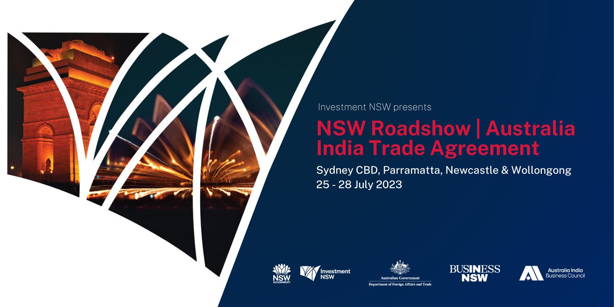 Join @InvestmentNSW's multi-city roadshow and meet with industry stakeholders, government representatives and NSW businesses. Learn how to navigate and maximise the benefits of the Australia-India Economic Cooperation and Trade Agreement (AI-ECTA). events.humanitix.com/nsw-roadshow-a…