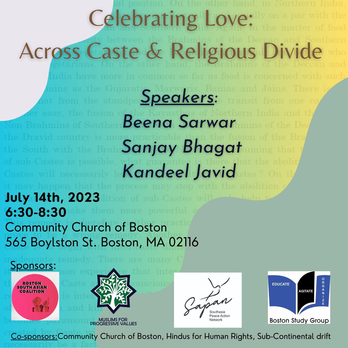mpvusa's tweet photo. Boston folks!
Please join MPV Boston for their upcoming event, Celebrating Love Across Caste and Religious Divides, on July 14th from 6:30 PM - 8:30 PM, held in partnership with @TheBostonCoali1 @southasiapeace and @boston_study
RSVP ➡️ https://t.co/eZFbLVoSJ1 https://t.co/mZKQ1yAvWo