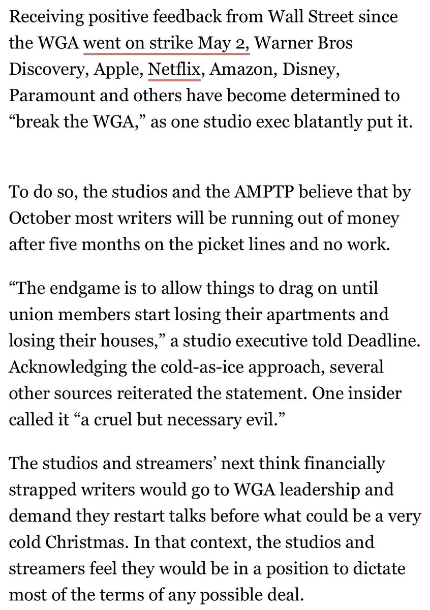 “The endgame is to allow things to drag on until union members start losing their apartments and losing their houses.”

For centuries, greedy bosses have tried to starve out striking workers in mines, mills, factories, offices, and studio lots. Never forget: it’s us against them